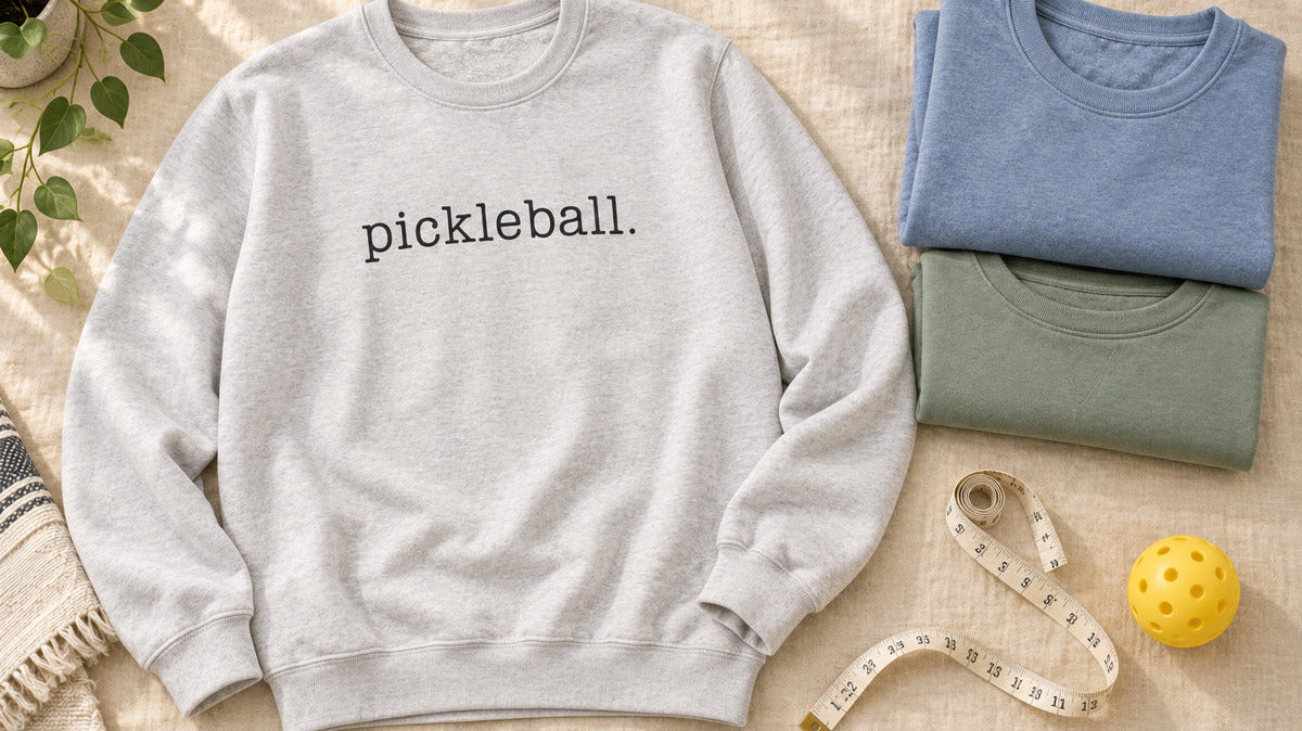 Flat lay for a pickleball apparel fit guide with a pickleball sweatshirt