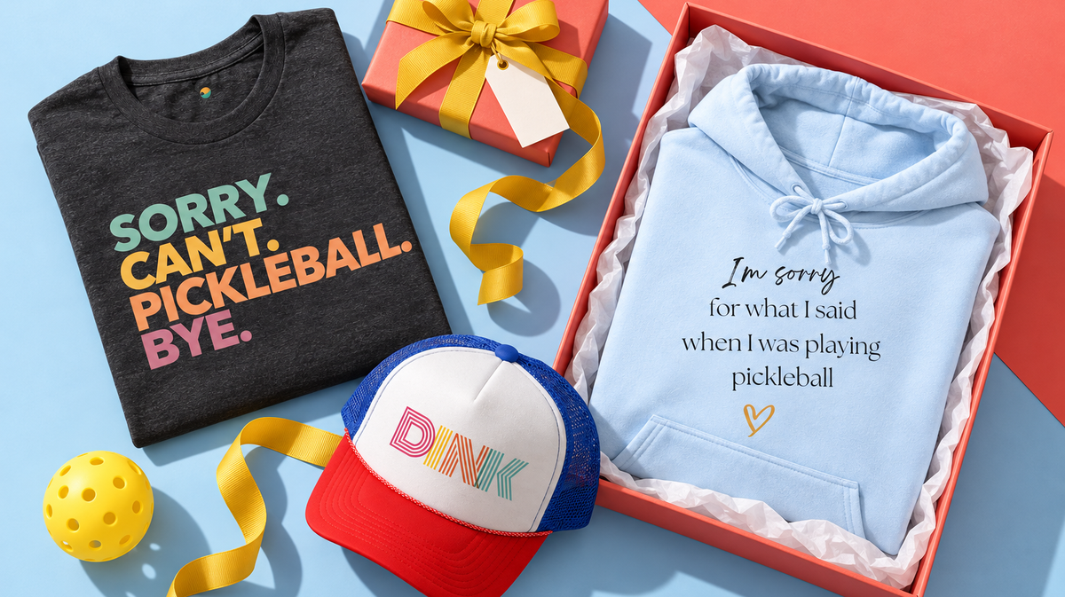 Flay lay picture of a pickleball sweatshirt, tee, and hat