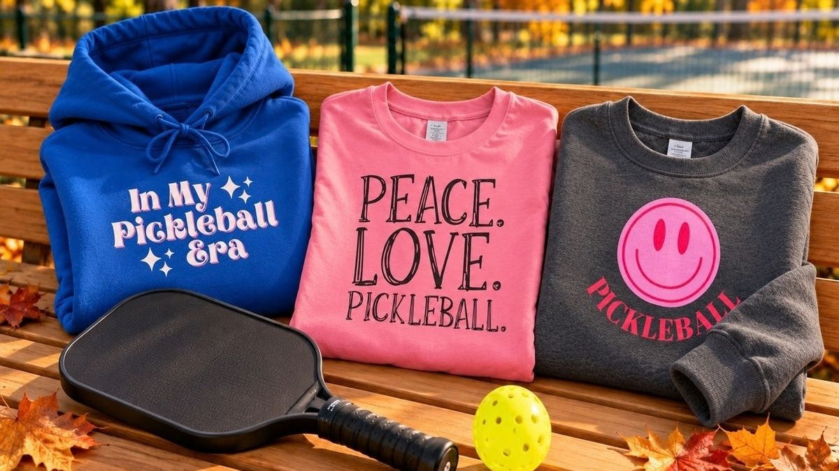 Three pickleball sweatshirts on a park bench