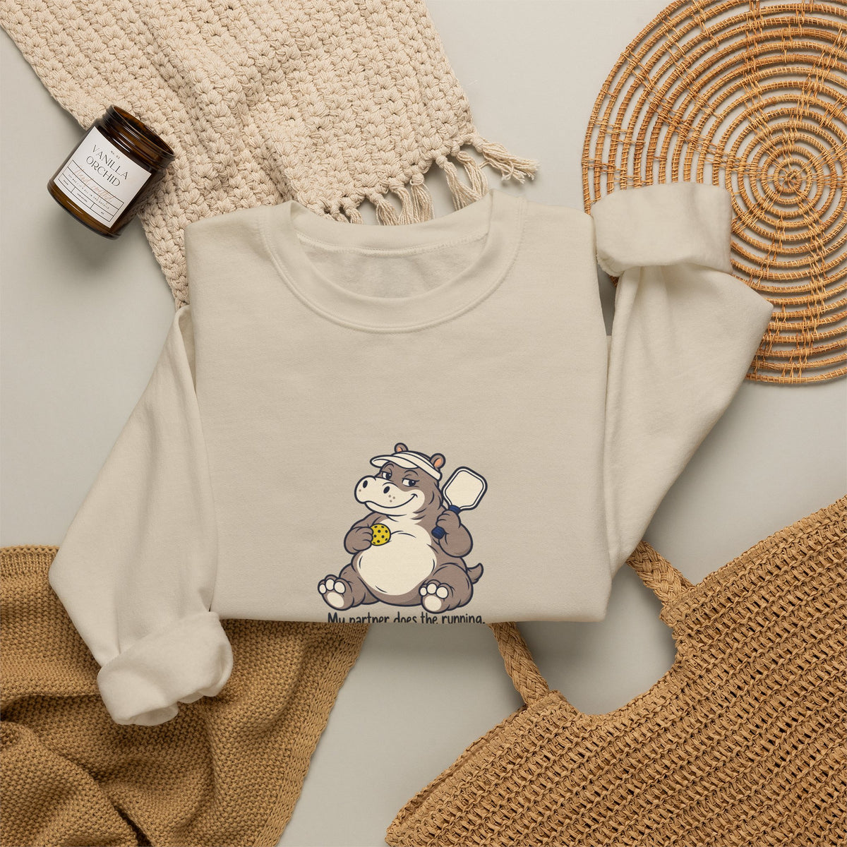 Hippo pickleball crewneck sweatshirt, My Partner Does the Running