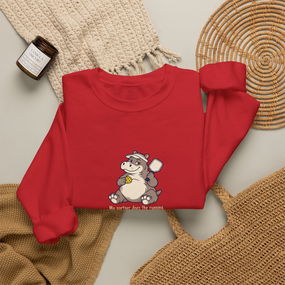 Hippo pickleball crewneck sweatshirt, My Partner Does the Running