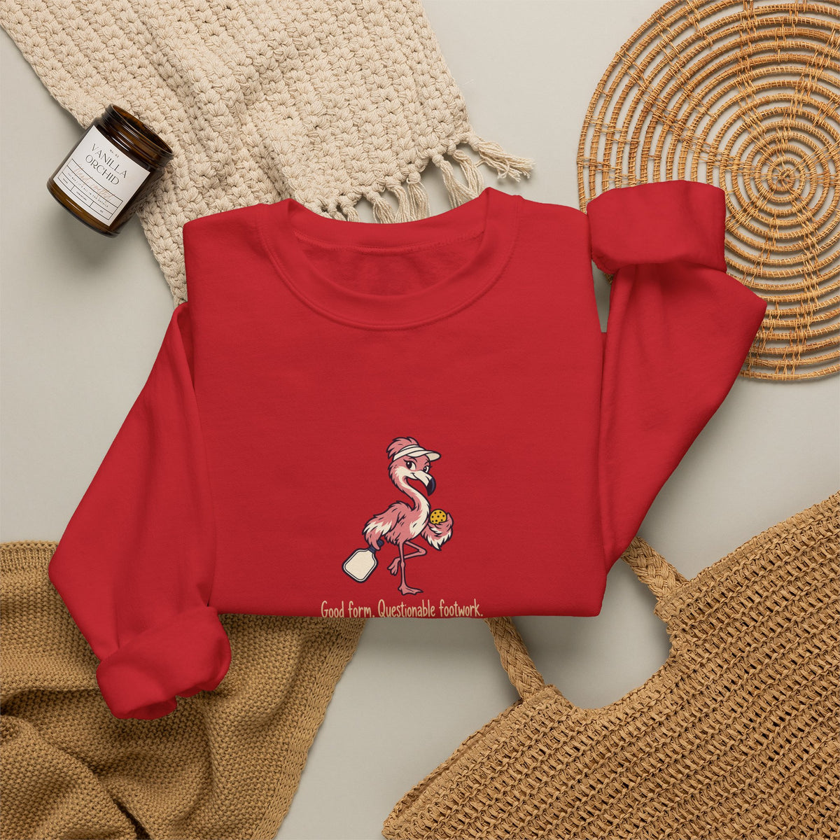 Flamingo pickleball crewneck sweatshirt, Good Form, Questionable Footwork