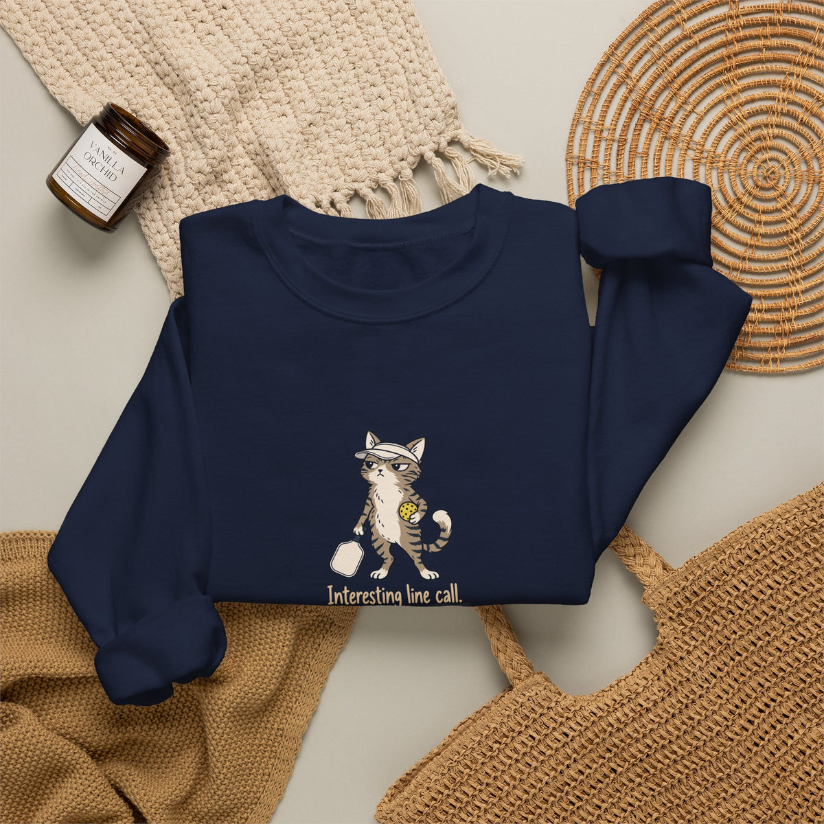 Cat pickleball crewneck sweatshirt in Navy, Interesting Line Call