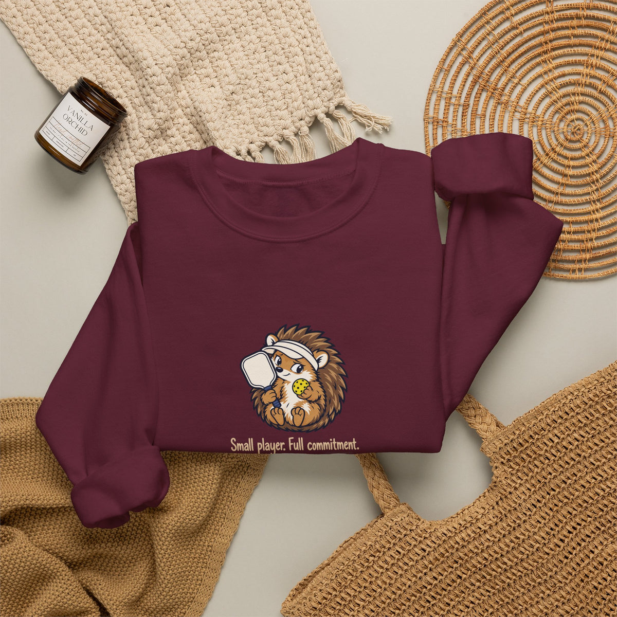 Hedgehog pickleball crewneck sweatshirt, Small Player, Full Commitment