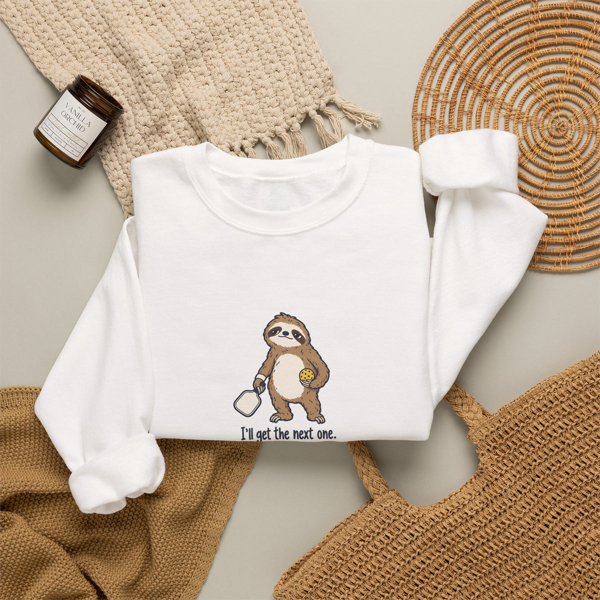 Sloth pickleball crewneck sweatshirt in White, I'll Get the Next One