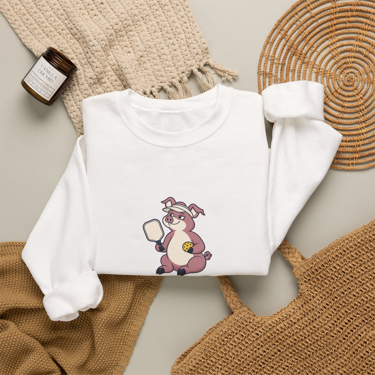 Pig pickleball crewneck sweatshirt in White, Hogging the Kitchen Line