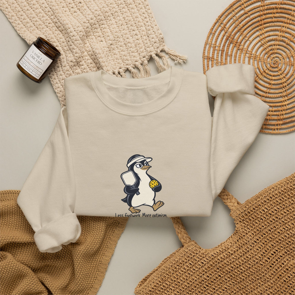 Penguin pickleball crewneck sweatshirt, Less Footwork, More Optimism