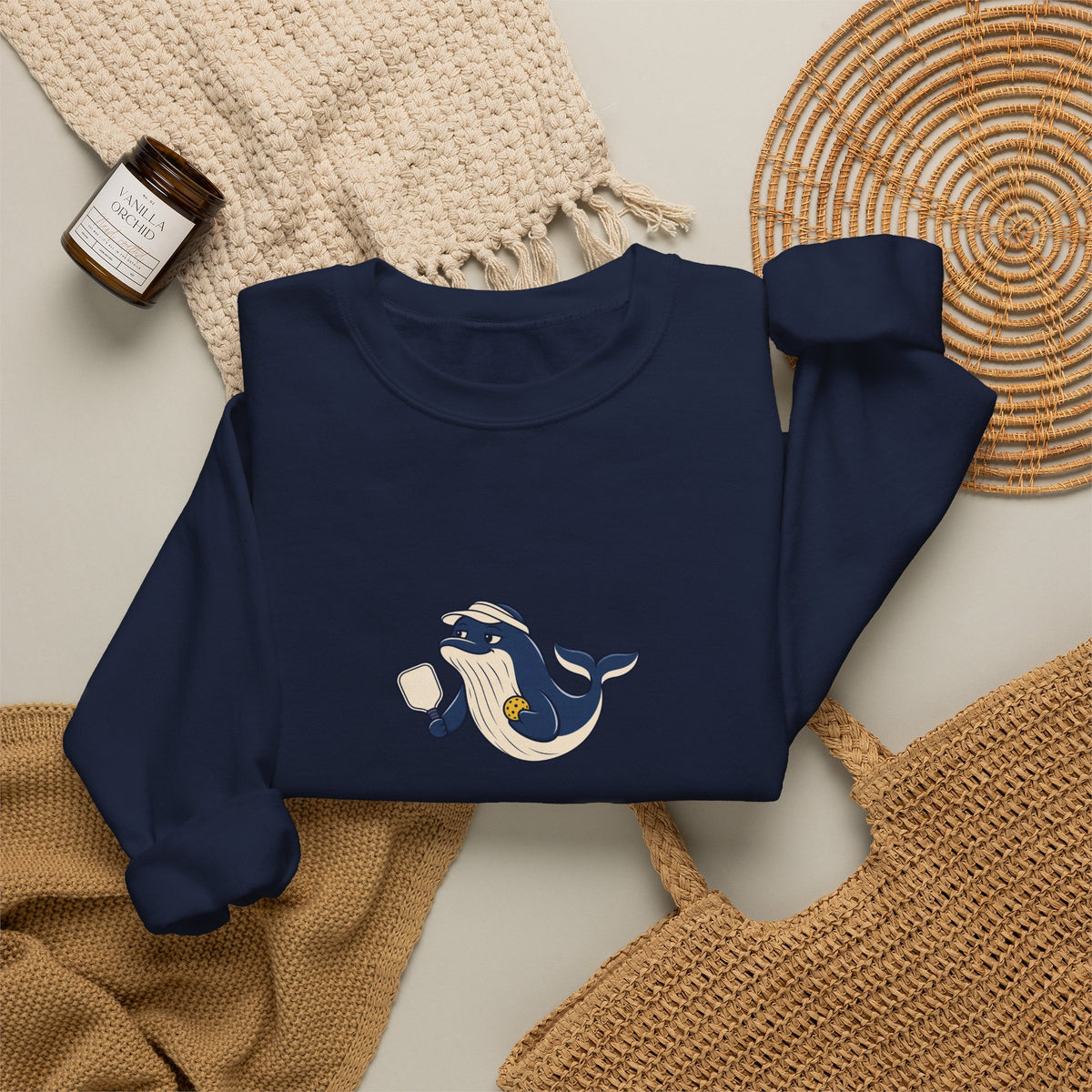 Whale pickleball crewneck sweatshirt in Navy, Making Waves at the Net