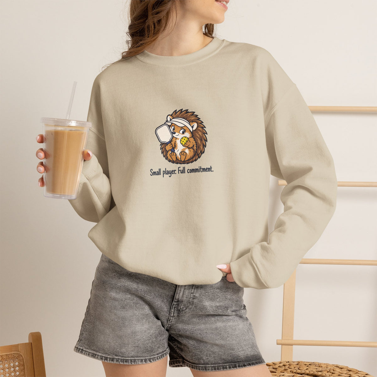 Hedgehog pickleball crewneck sweatshirt, Small Player, Full Commitment