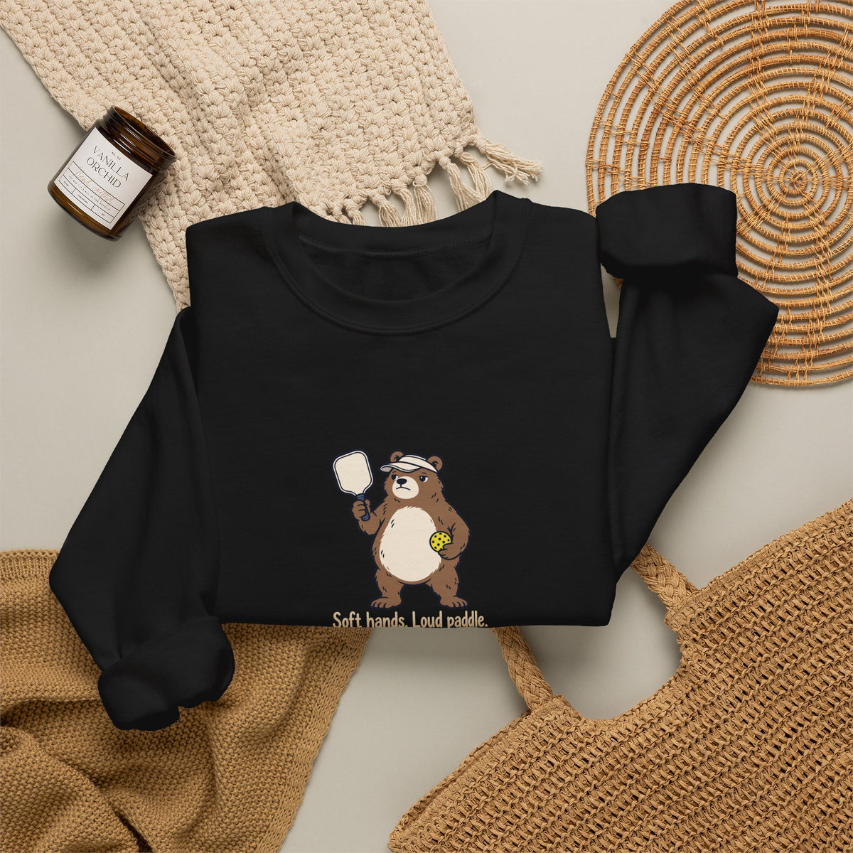 Bear pickleball crewneck sweatshirt, Soft Hands, Loud Paddle