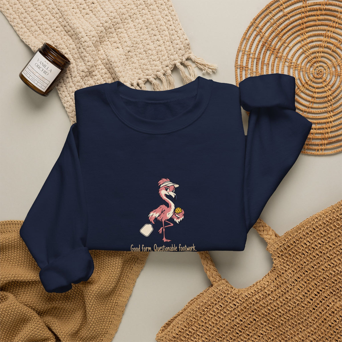 Flamingo pickleball crewneck sweatshirt, Good Form, Questionable Footwork