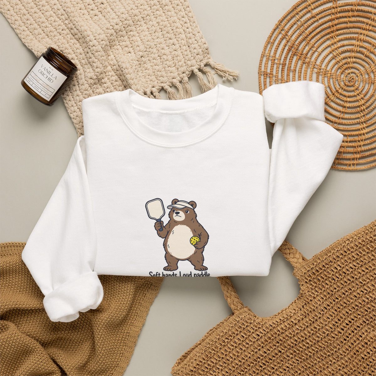 Bear pickleball crewneck sweatshirt, Soft Hands, Loud Paddle