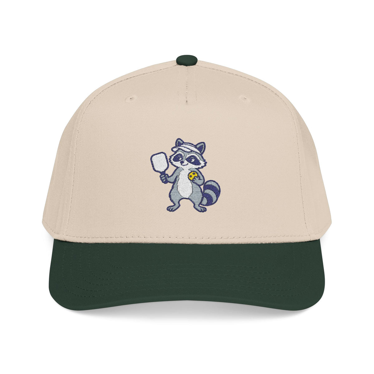 Embroidered pickleball raccoon baseball cap in Dark Green / Natural