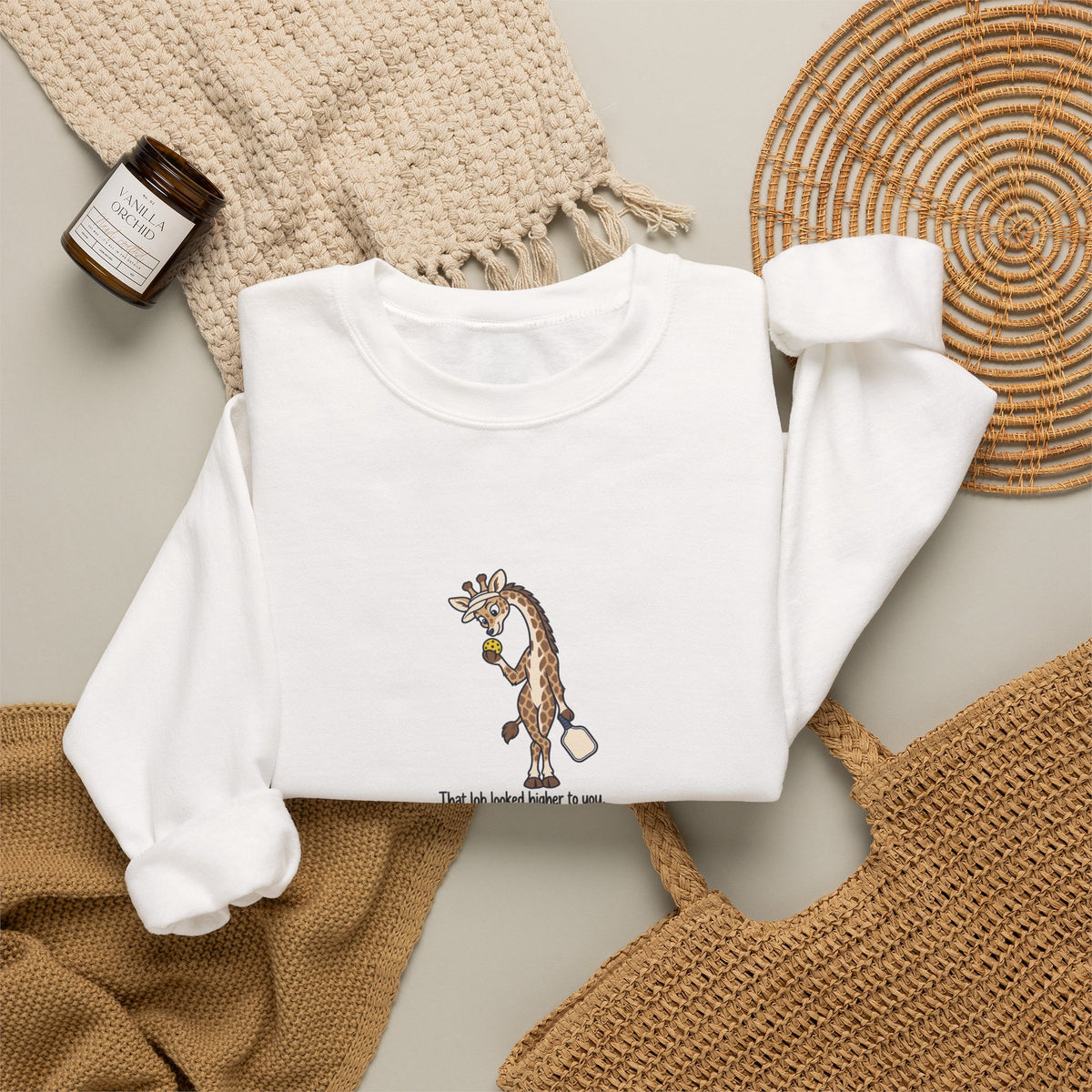 Giraffe pickleball crewneck sweatshirt in White, That Lob Looked Higher to You