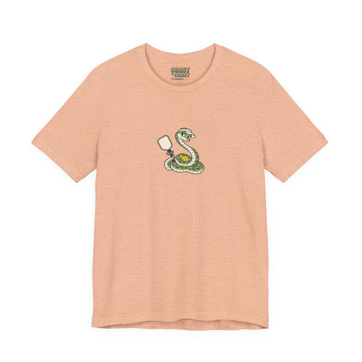 Snake pickleball t-shirt in Heather Peach, Slithering Into the Kitchen
