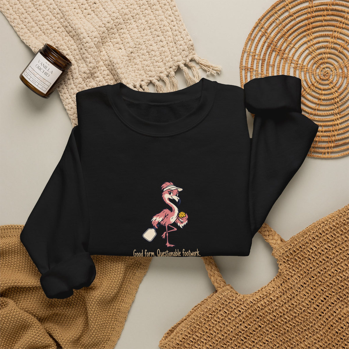 Flamingo pickleball crewneck sweatshirt, Good Form, Questionable Footwork