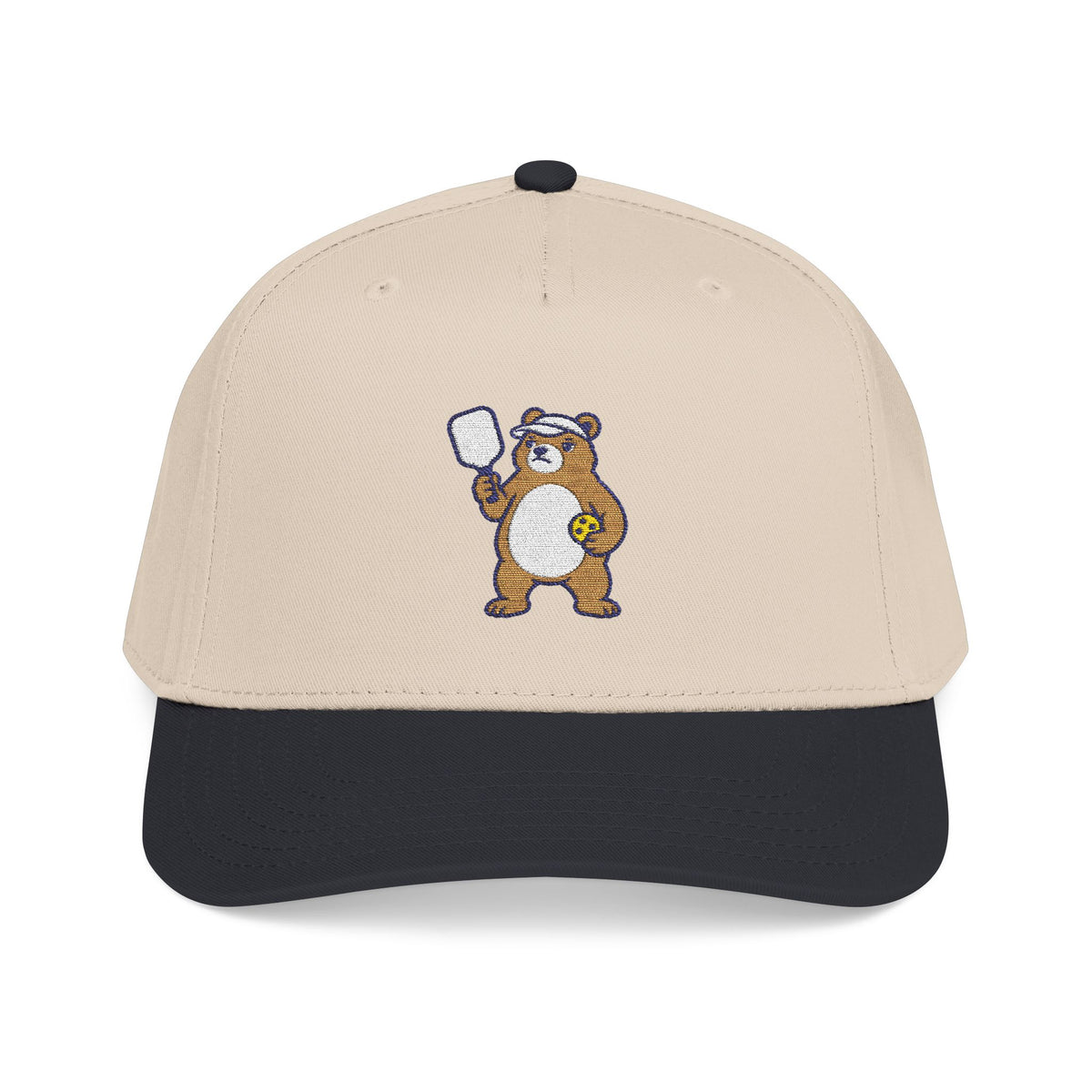 Embroidered pickleball bear baseball cap in Black / Natural, Bear With Me, I'm Serving