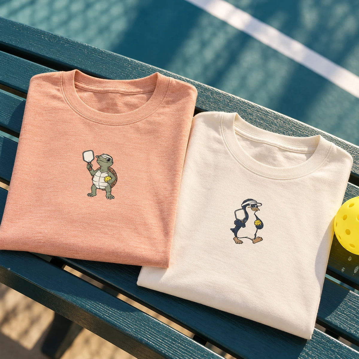 Folded peach turtle and cream penguin pickleball T-shirts on a teal court bench.
