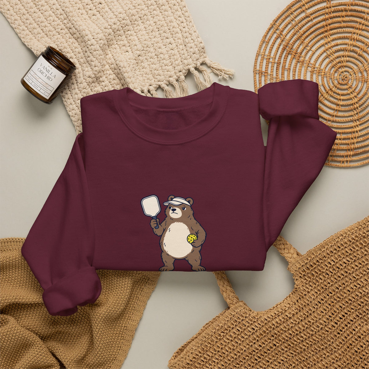 Bear pickleball crewneck sweatshirt, Bear With Me, I'm Serving