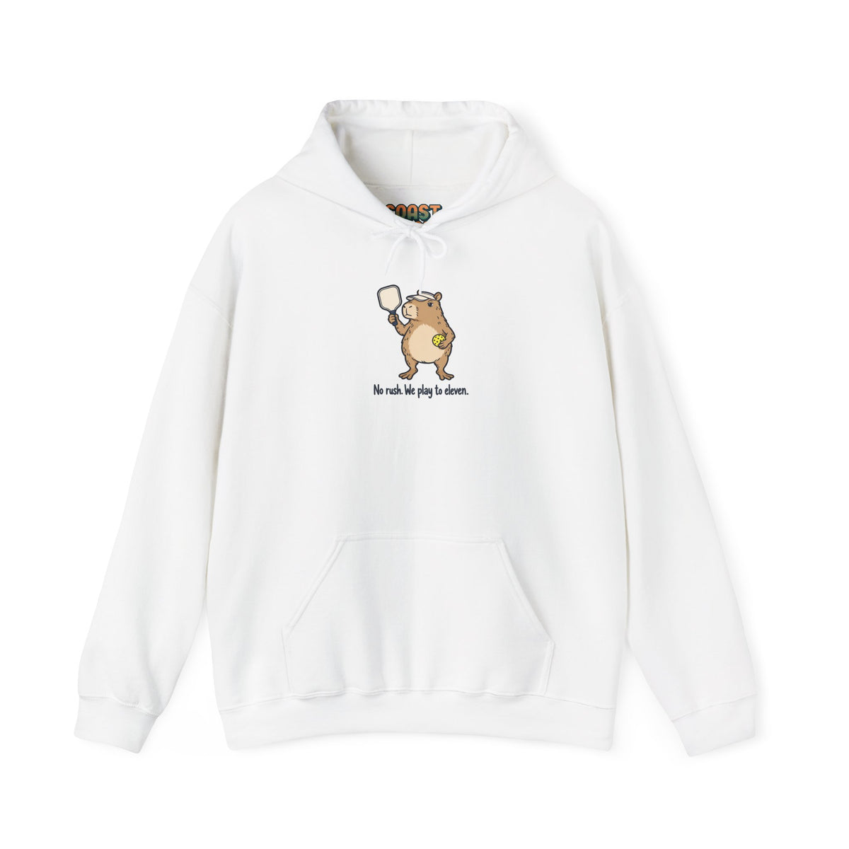 Capybara pickleball hoodie in White, No Rush, We Play to Eleven