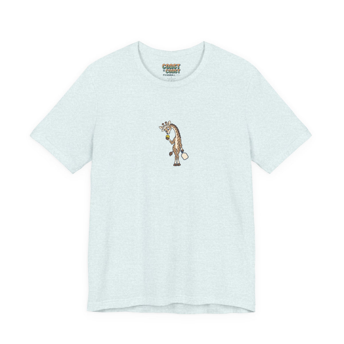 Giraffe pickleball t-shirt in Heather Ice Blue, Head and Shoulders Above the Kitchen