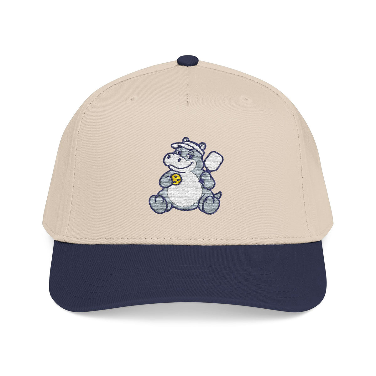 Embroidered pickleball hippo baseball cap in Navy / Natural, A Steady Presence at the Net