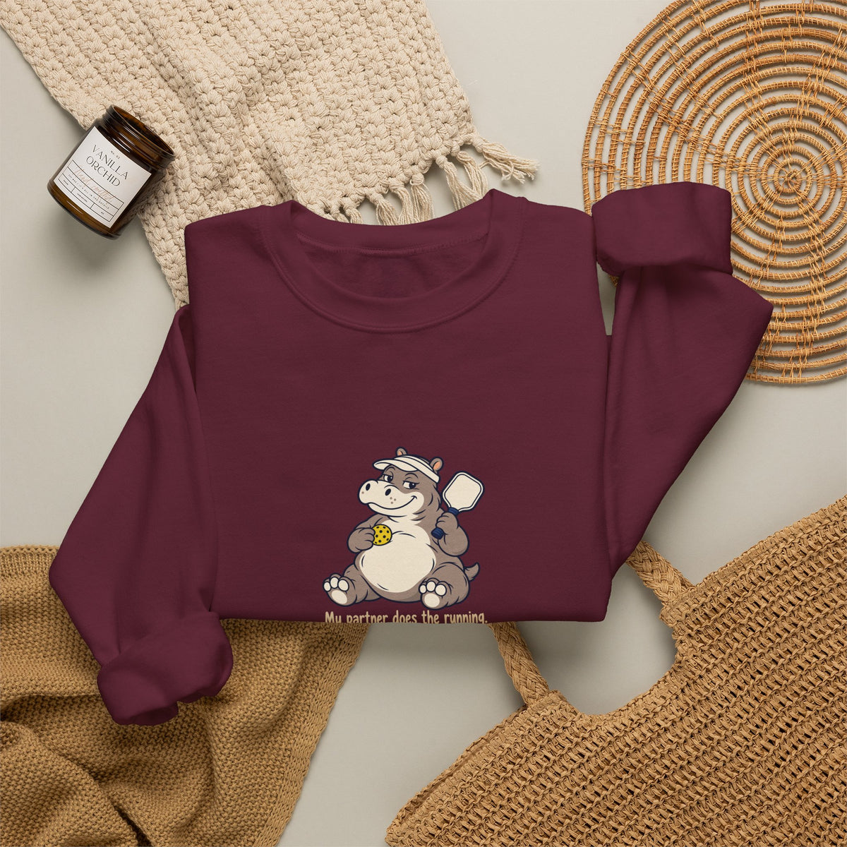 Hippo pickleball crewneck sweatshirt, My Partner Does the Running