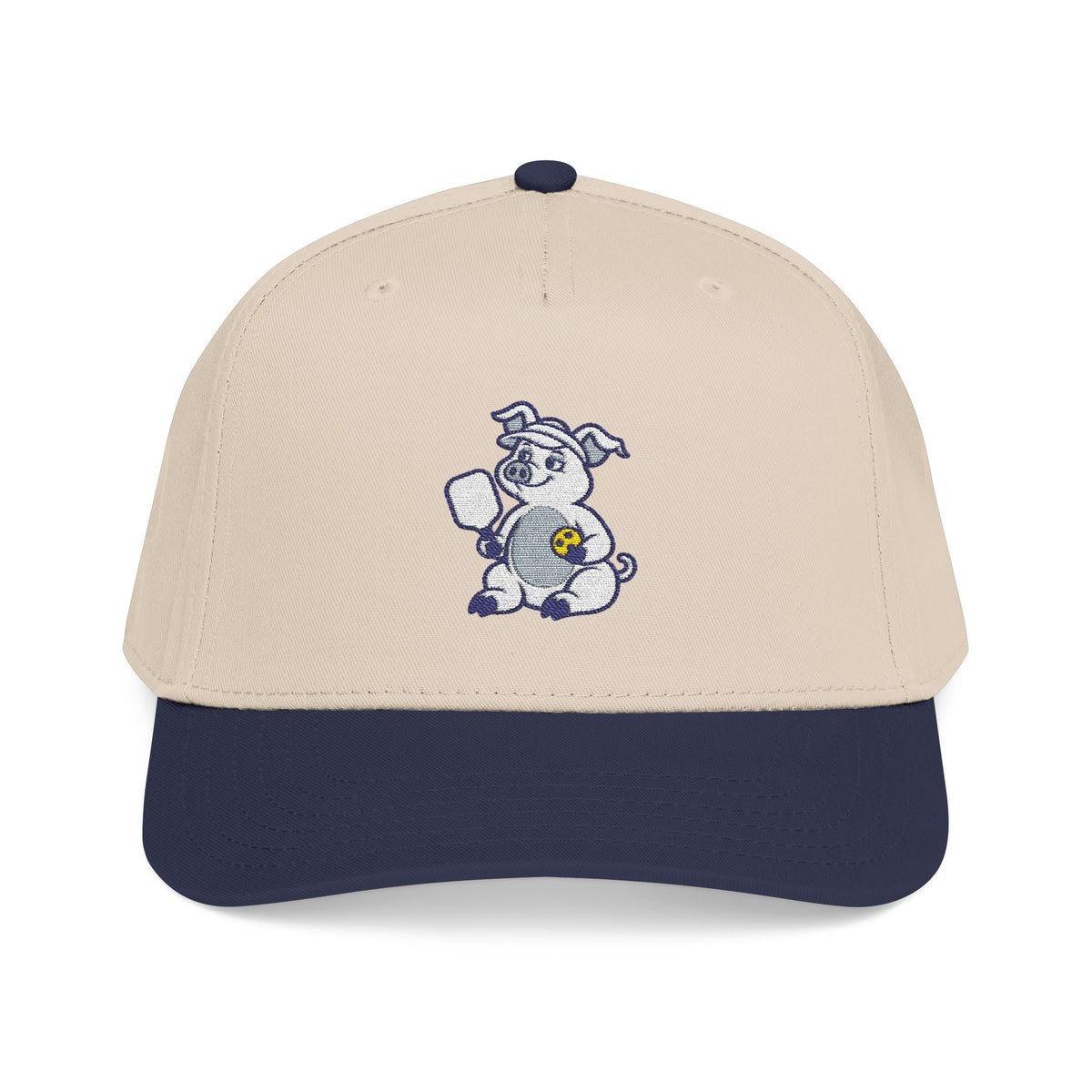 Embroidered pickleball pig baseball cap in Navy / Natural, A Little Court Indulgence