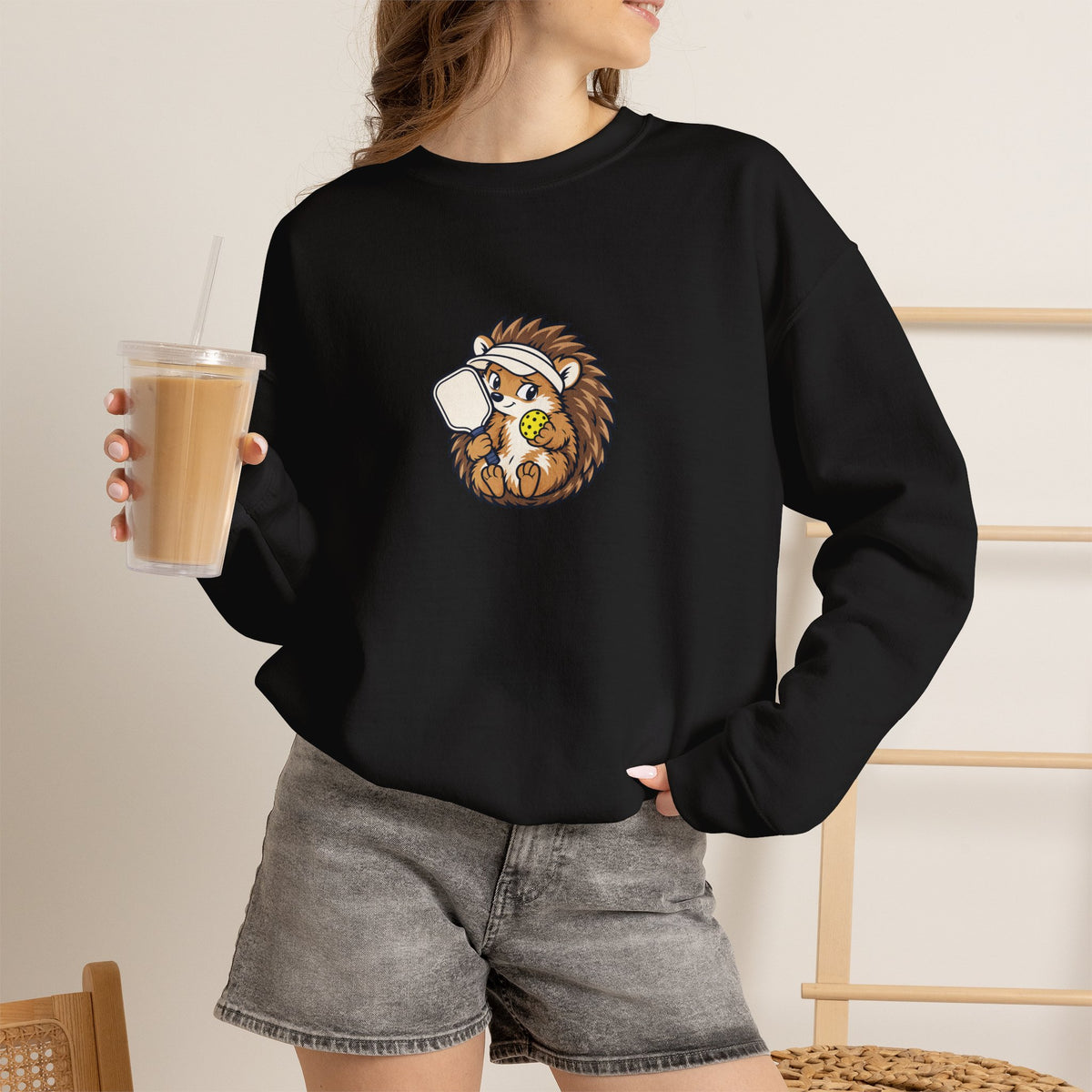 Hedgehog pickleball crewneck sweatshirt, Small Player, Full Commitment