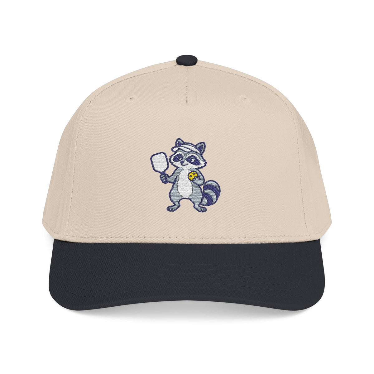 Embroidered pickleball raccoon baseball cap in Black / Natural, That Point Was Mine