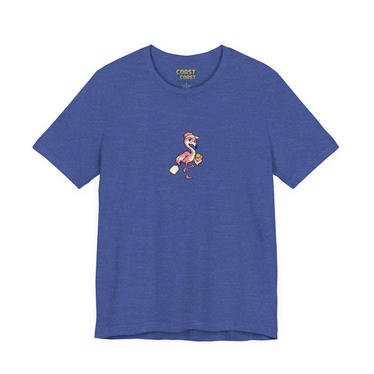 Flamingo pickleball t-shirt in Heather True Royal, Poised Until the Pop-Up