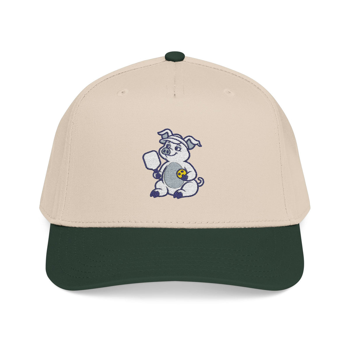 Embroidered pickleball pig baseball cap in Dark Green / Natural