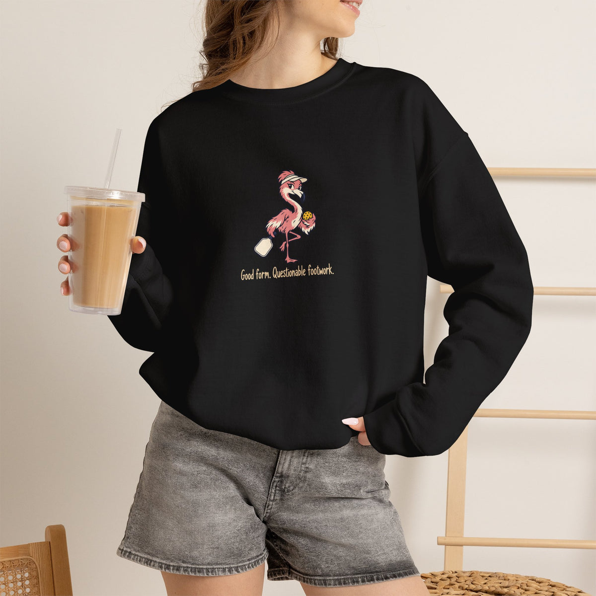 Flamingo pickleball crewneck sweatshirt, Good Form, Questionable Footwork