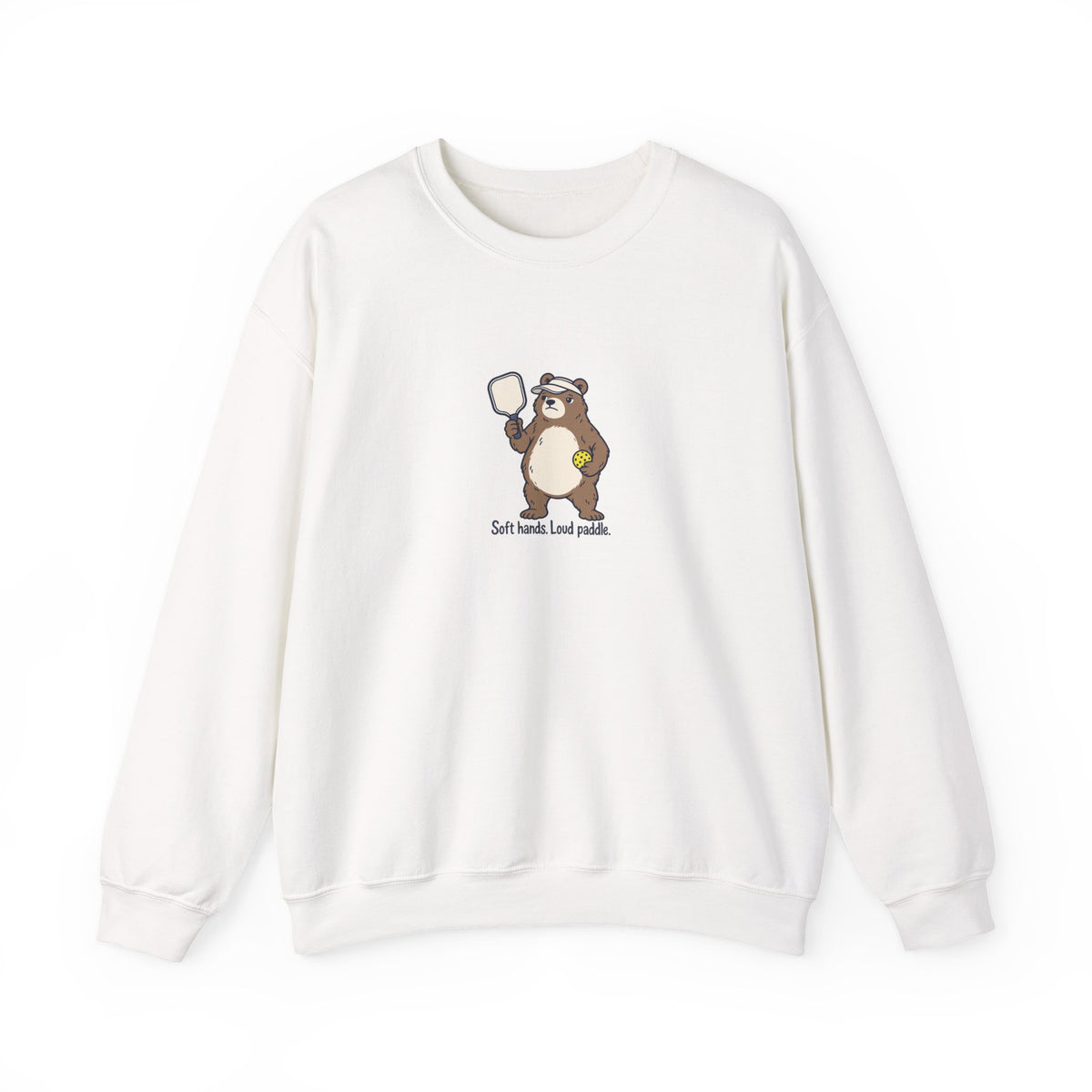 Bear pickleball crewneck sweatshirt in White, Soft Hands, Loud Paddle
