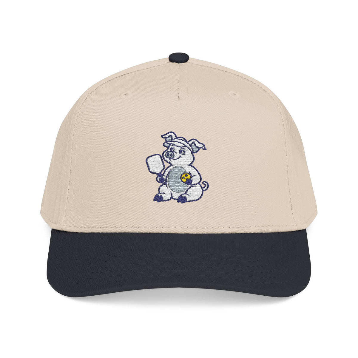 Embroidered pickleball pig baseball cap in Black / Natural