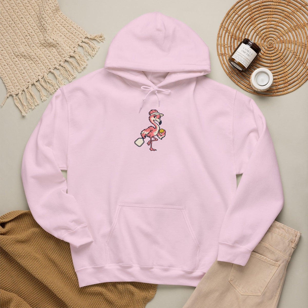 Flamingo pickleball hoodie in Light Pink, Poised Until the Pop-Up