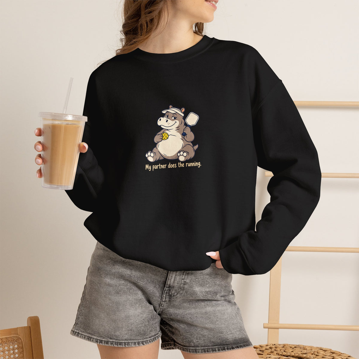 Hippo pickleball crewneck sweatshirt, My Partner Does the Running