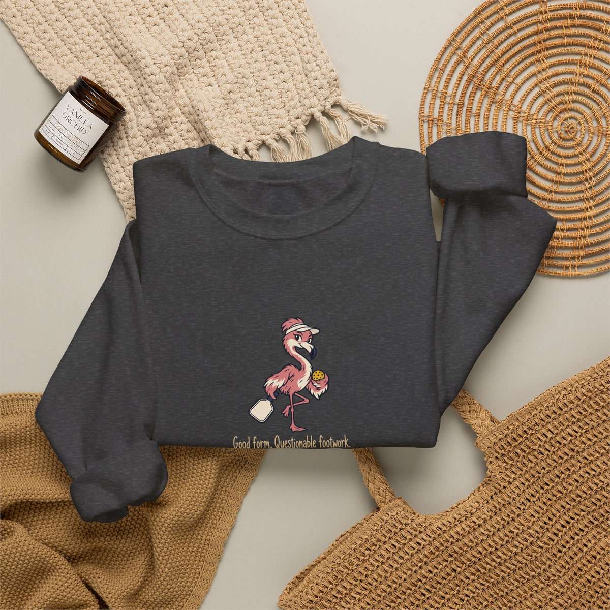 Flamingo pickleball crewneck sweatshirt, Good Form, Questionable Footwork