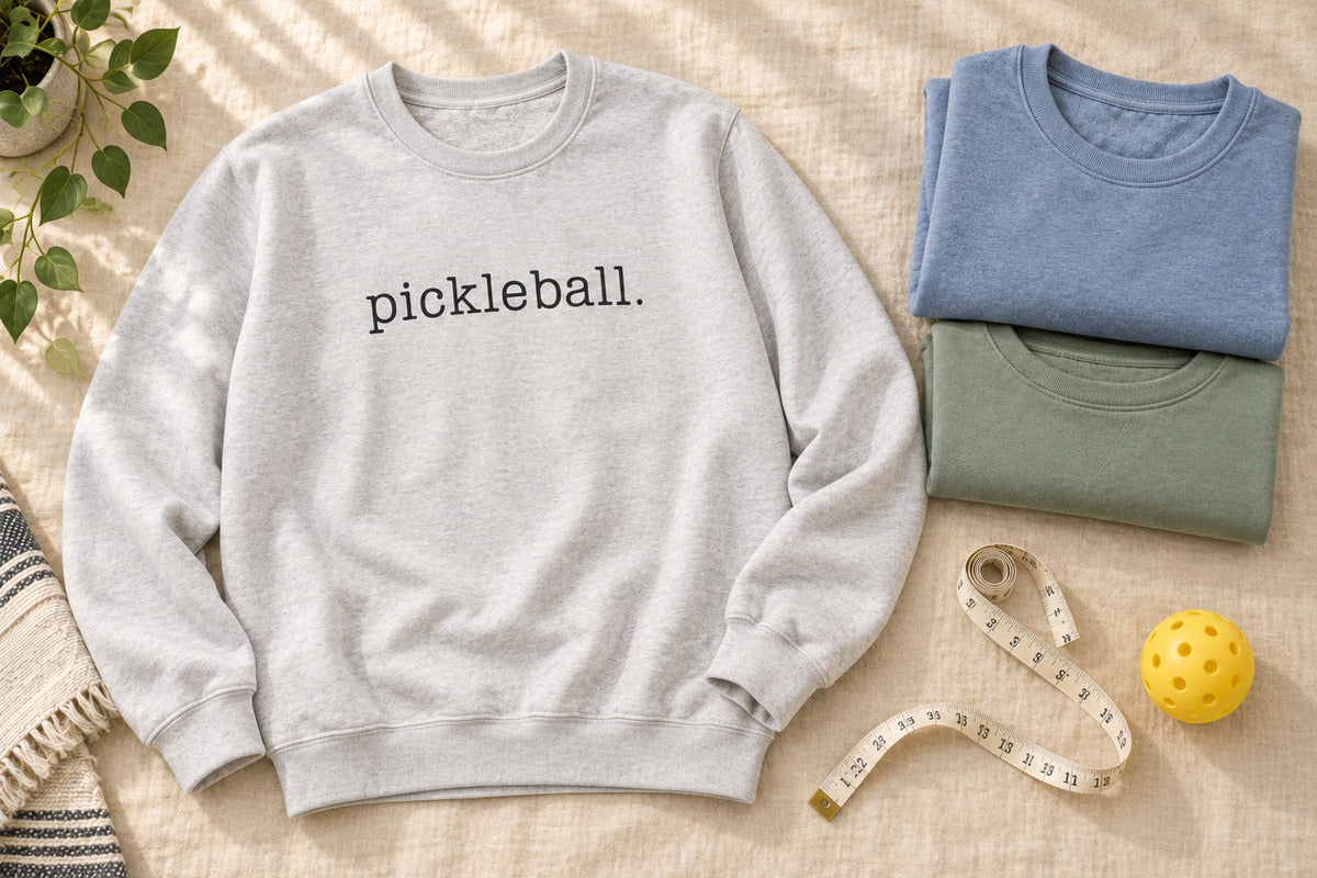 Flat lay for a pickleball apparel fit guide with a pickleball sweatshirt