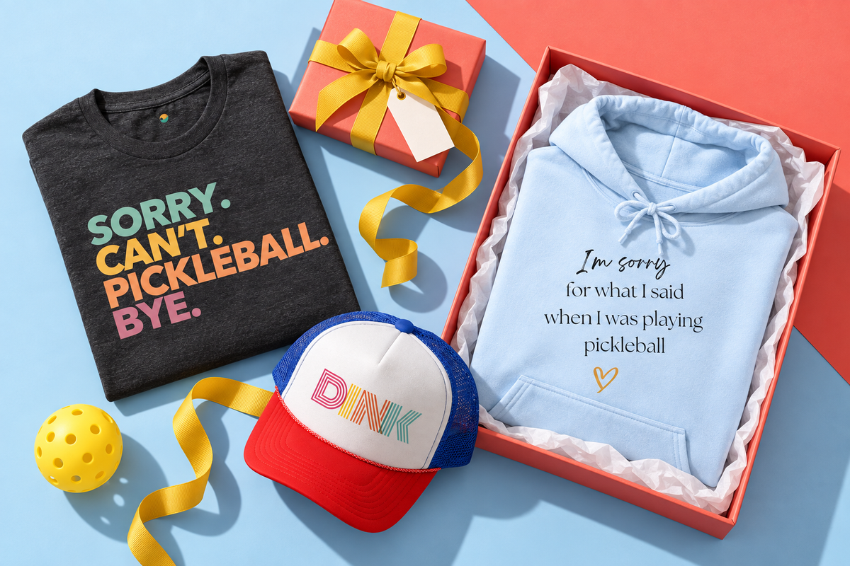 Flay lay picture of a pickleball sweatshirt, tee, and hat