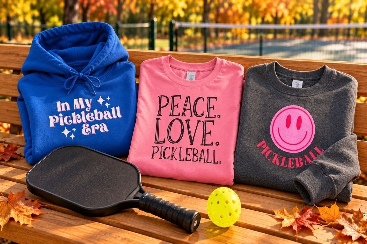 Three pickleball sweatshirts on a park bench