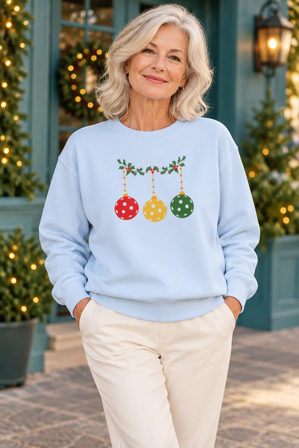Woman wearing a light blue pickleball Christmas ornament sweatshirt.