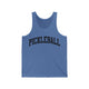Blue TriBlend unisex pickleball tank top with a bold, arched collegiate-style "PICKLEBALL" wordmark
