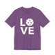 Heather team purple t-shirt with a LOVE text design and a white pickleball replacing the O