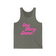 Grey triblend pickleball tank top with a pink script One More Game text design