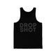 Black pickleball tank top with a tonal black DROP SHOT text design