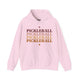 Light pink hoodie with PICKLEBALL repeated in a stacked gradient text design with heart accents