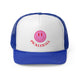 Royal trucker cap with a pink smiley face with "PICKLEBALL" script text below