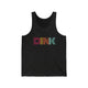 Black Heather unisex pickleball tank top with a rainbow-striped "DINK" wordmark