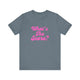 Heather slate pickleball t-shirt with a pink script What's the Score text design